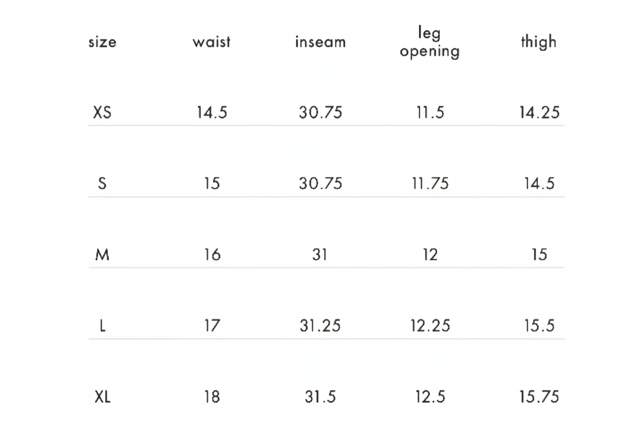 Measurement chart for pants with size labels and dimensions.