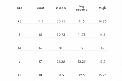 Measurement chart for pants with size labels and dimensions.